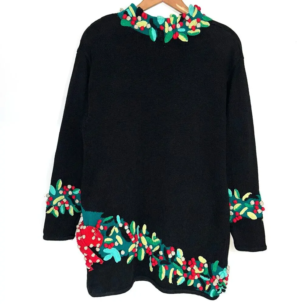Vintage Marisa Christina Christmas Holly Berries Bow Knit Sweater Size M